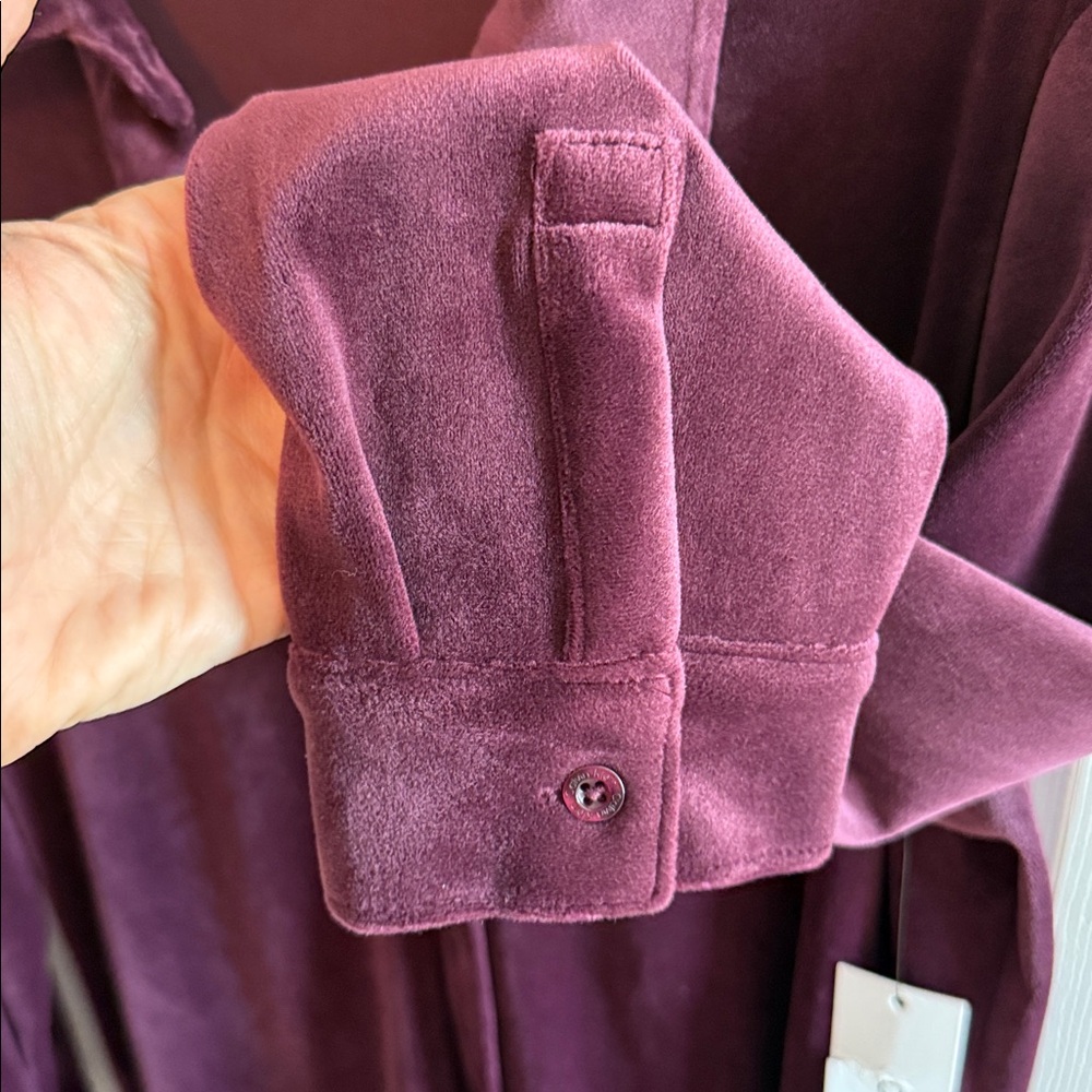 Calvin Klein button down down velvet top short long sleeve purple eggplant - Picture 5 of 8